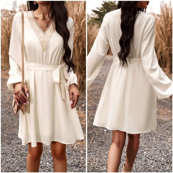 NWT Prettygarden Beige V Tie Belt Long Sleeve Boho Bohemian Flowy Mini Dress M - Picture 2 of 12